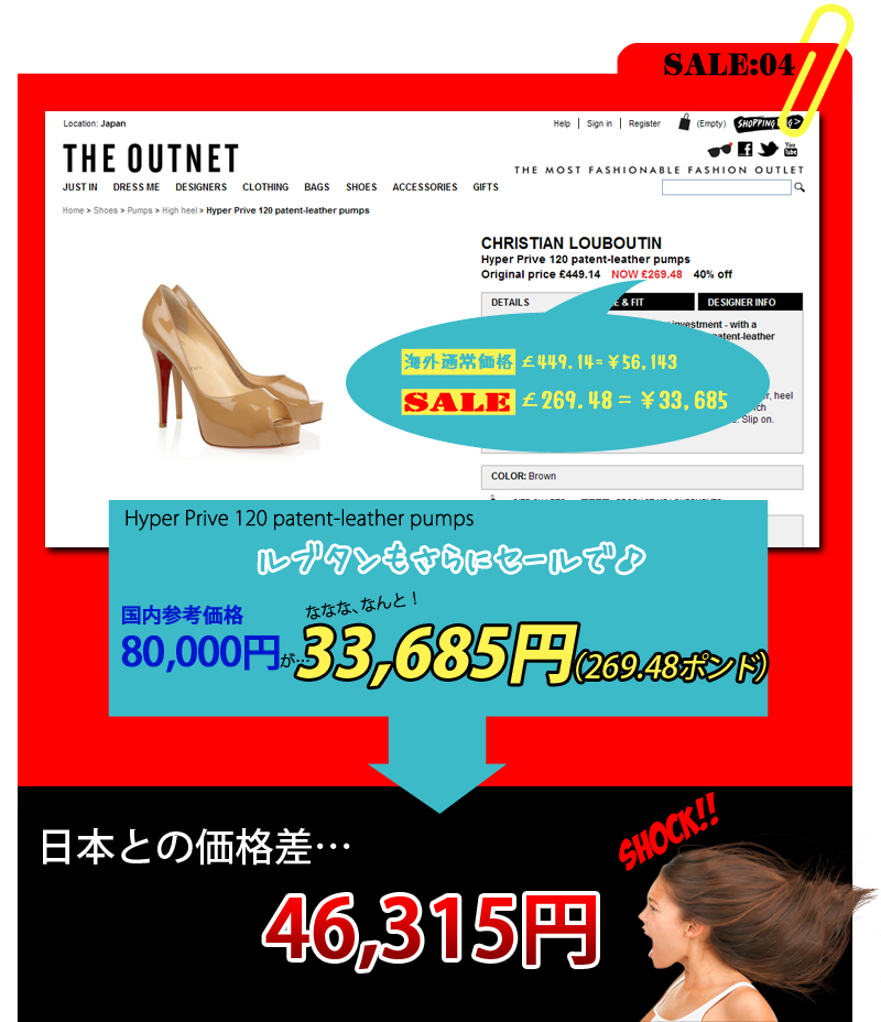 Louboutin（ルブタン）ハイヒール　国内価格80,000円が33,685円で買える！日本で普通に買うと46,315円の損…